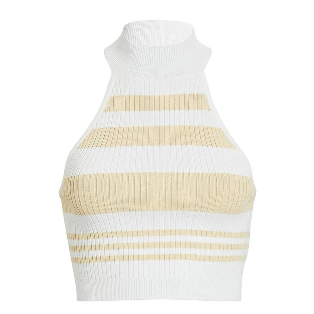 Significant Other Sage Striped White and Almond High Neck Top